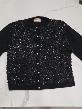 Womens Vintage  Black Sequin Cardigan Jacket - Classic Button Front